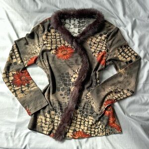 Vintage Y2K Exclusive Floral Faux Fur Trim Long Sleeve Top